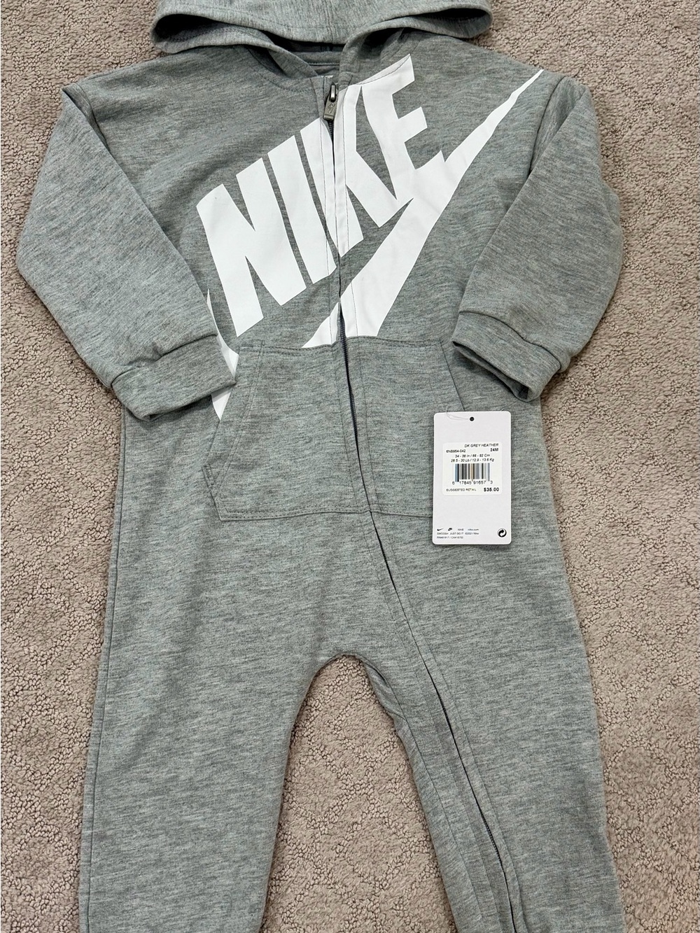 Nike Grey Hooded Zip One-Piece Romper with White Logo NWT